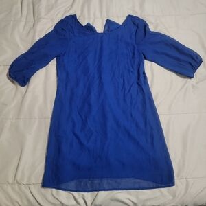 A. Byer Blue Shift Dress 3/4 bubble sleeves with Bow detail on back -Size Medium